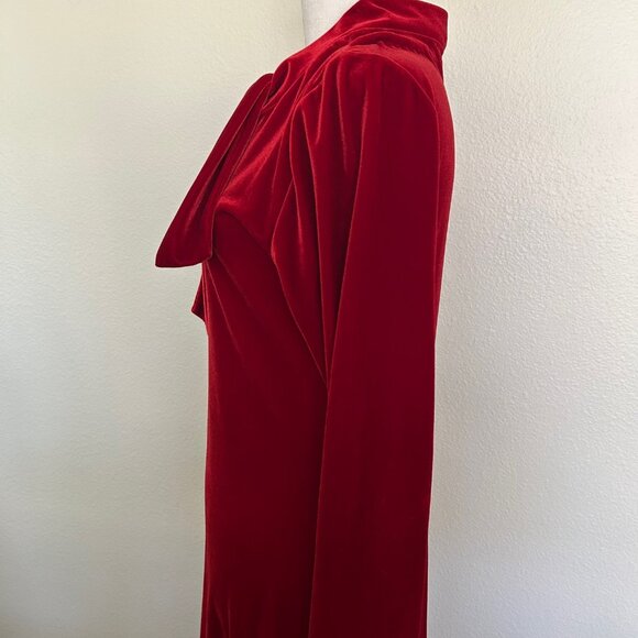 Maxi Dress Red Velvet Tie Mock Neck Long Sleeve Elegant Formal Fairy Holiday - Picture 3 of 12